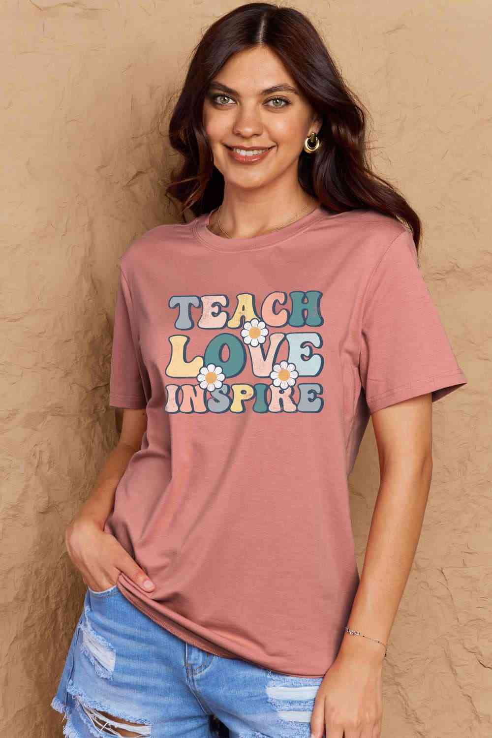 Simply Love Full Size TEACH LOVE INSPIRE Graphic Cotton T-Shirt Dusty Pink Women's T-Shirts - Tophatter Daily Deals