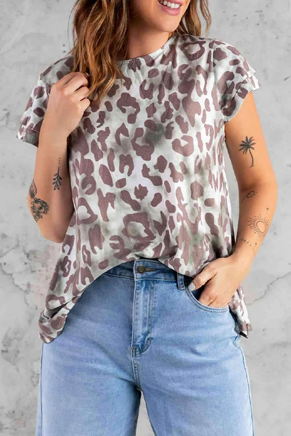 Leopard Layered Flutter Sleeve Tee Shirt Blouses - Tophatter Daily Deals