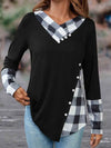 Plaid V-Neck Decorative Button Top Black Blouses - Tophatter Daily Deals