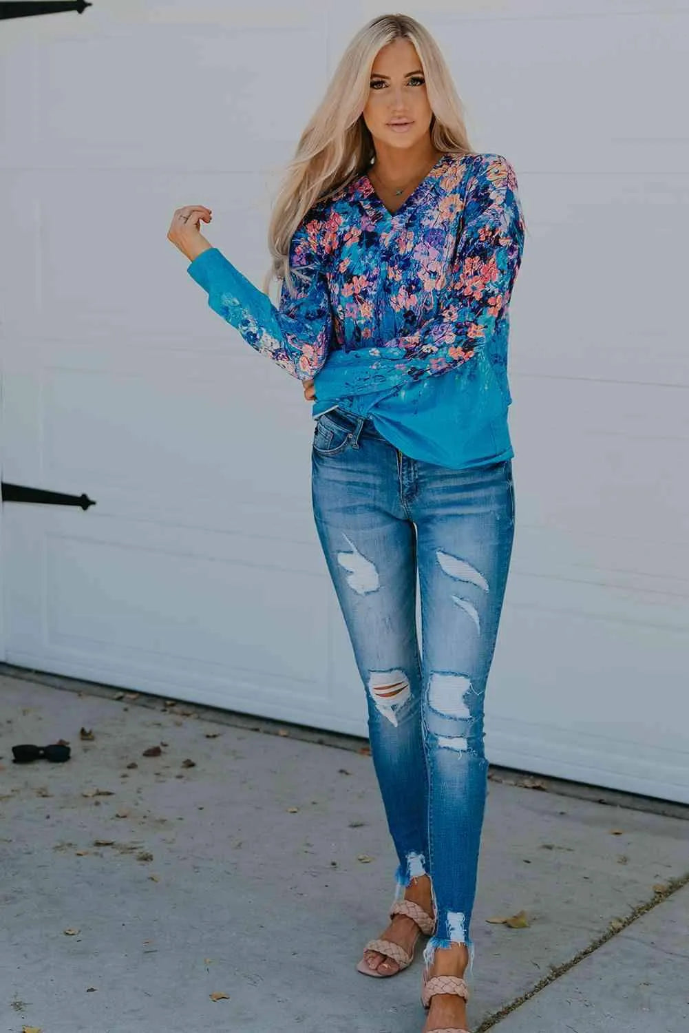 Floral V-Neck Long Sleeve Top Blouses - Tophatter Daily Deals