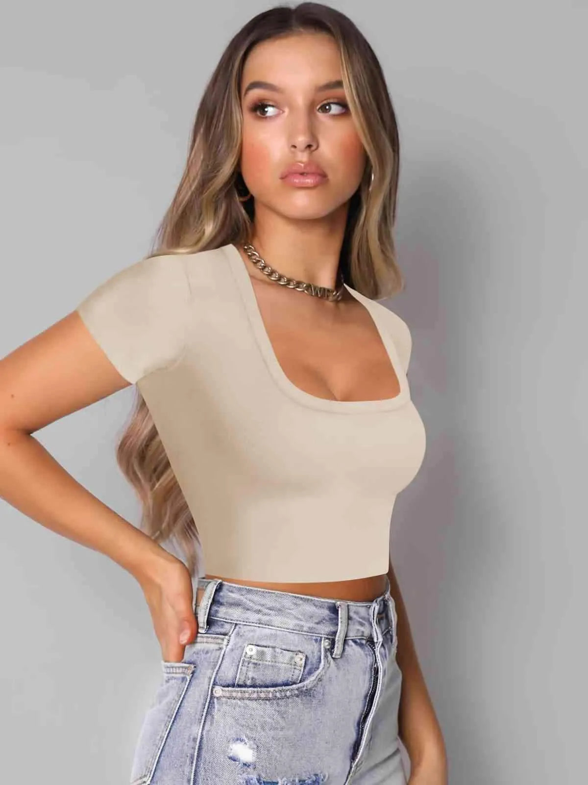 Square Neck Cropped T-Shirt Blouses - Tophatter Daily Deals