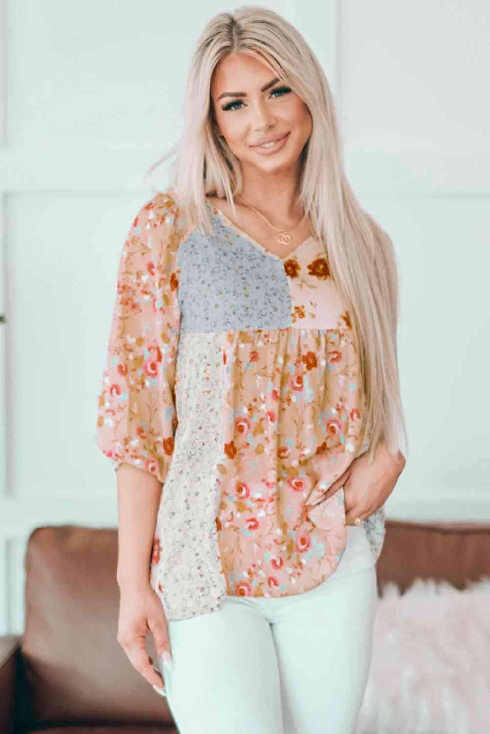 Floral V-Neck Babydoll Blouse Floral Blouses - Tophatter Daily Deals