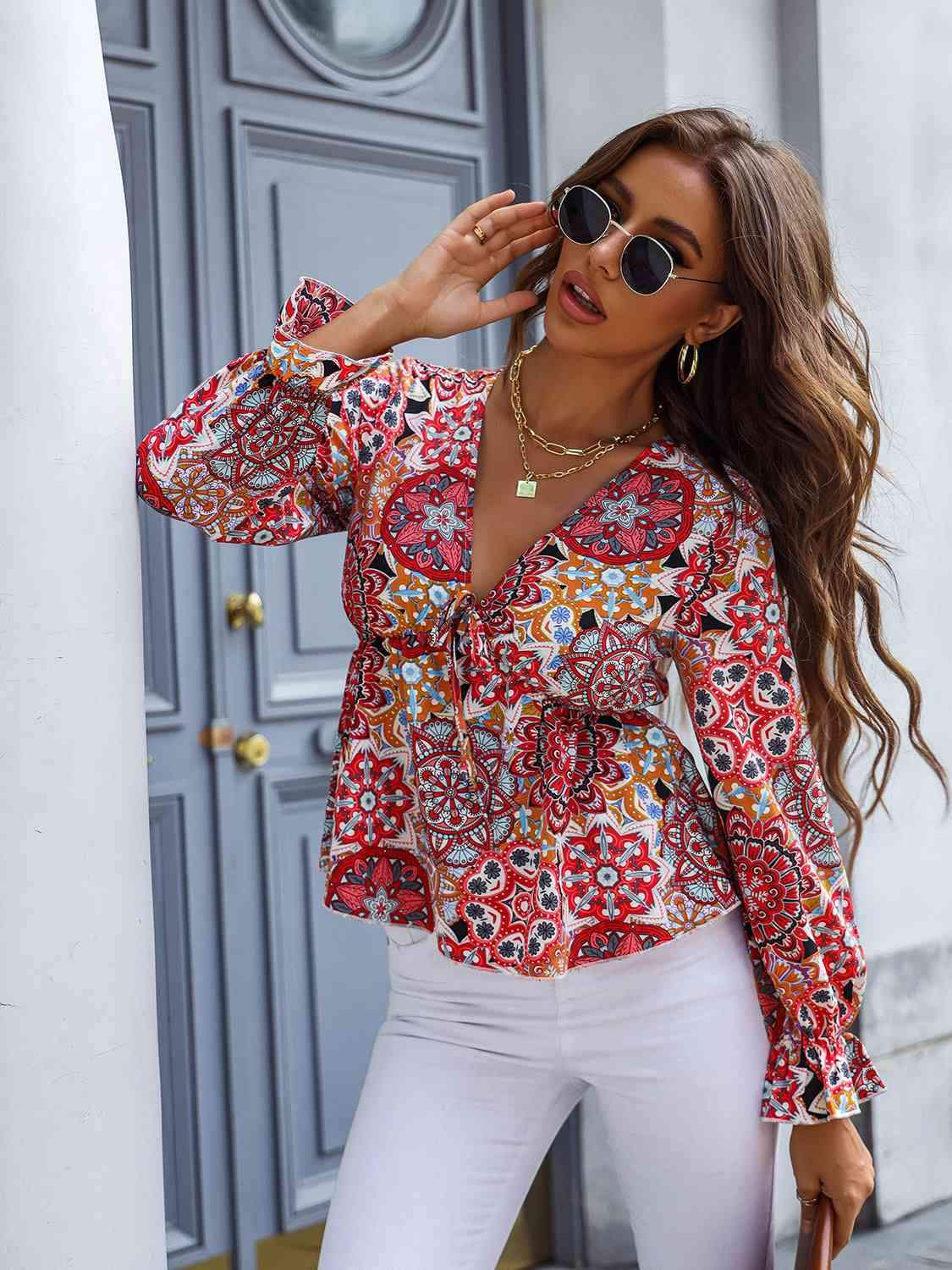 Printed V-Neck Flounce Sleeve Blouse Red Orange Blouses - Tophatter Daily Deals