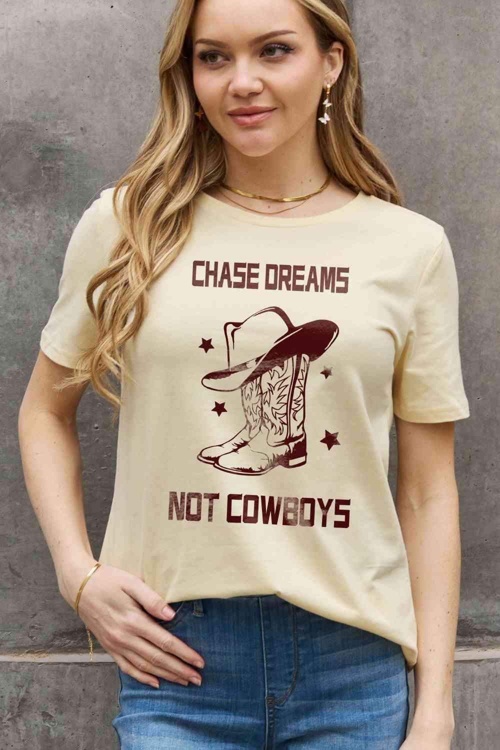 Simply Love Simply Love Full Size CHASE DREAMS NOT COWBOYS Graphic Cotton Tee - Tophatter Daily Deals