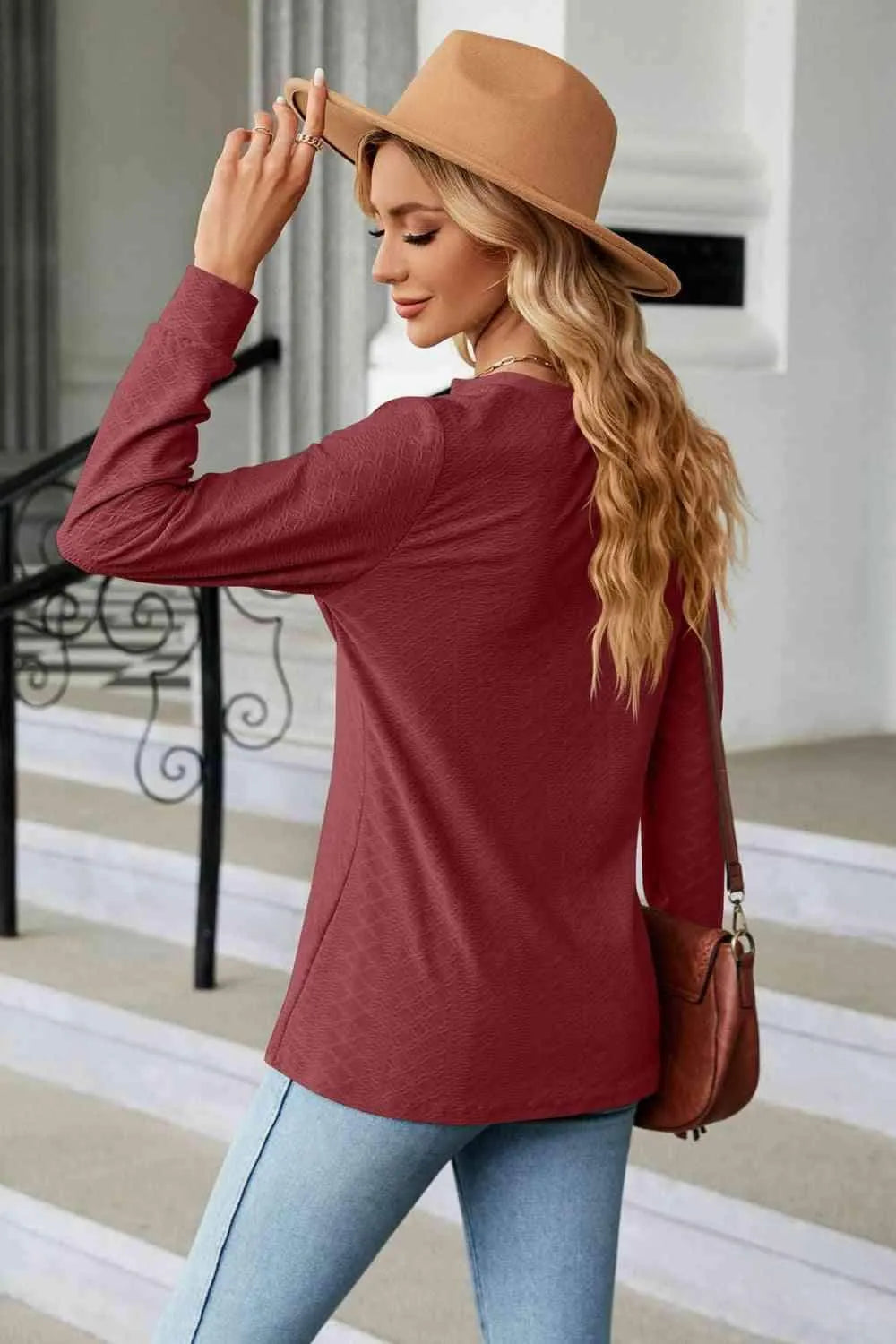Notched Neck Long Sleeve Buttoned Blouse Blouses - Tophatter Daily Deals
