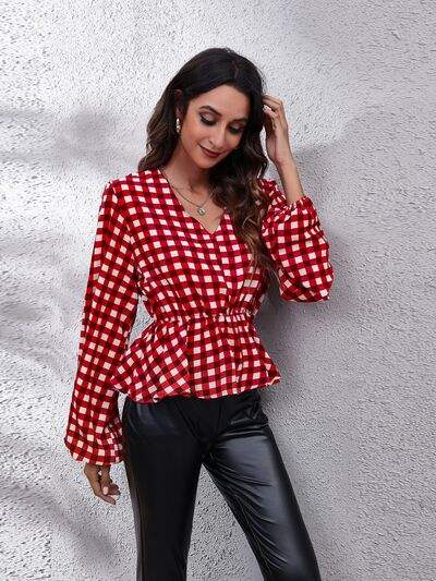 Plaid V-Neck Balloon Sleeve Peplum Blouse Blouses - Tophatter Daily Deals