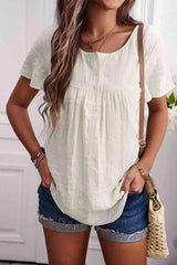 Quarter-Button Round Neck Short Sleeve Top Blouses - Tophatter Daily Deals