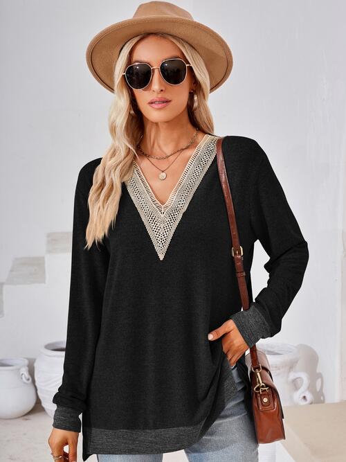 Crochet Contrast V-Neck Long Sleeve Slit T-Shirt Women's T-Shirts - Tophatter Daily Deals