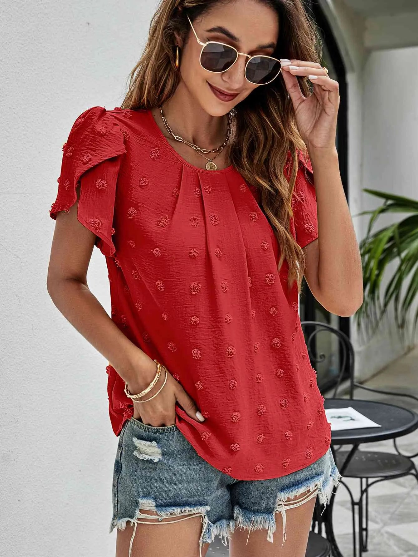 Swiss Dot Round Neck Petal Sleeve Top Blouses - Tophatter Daily Deals