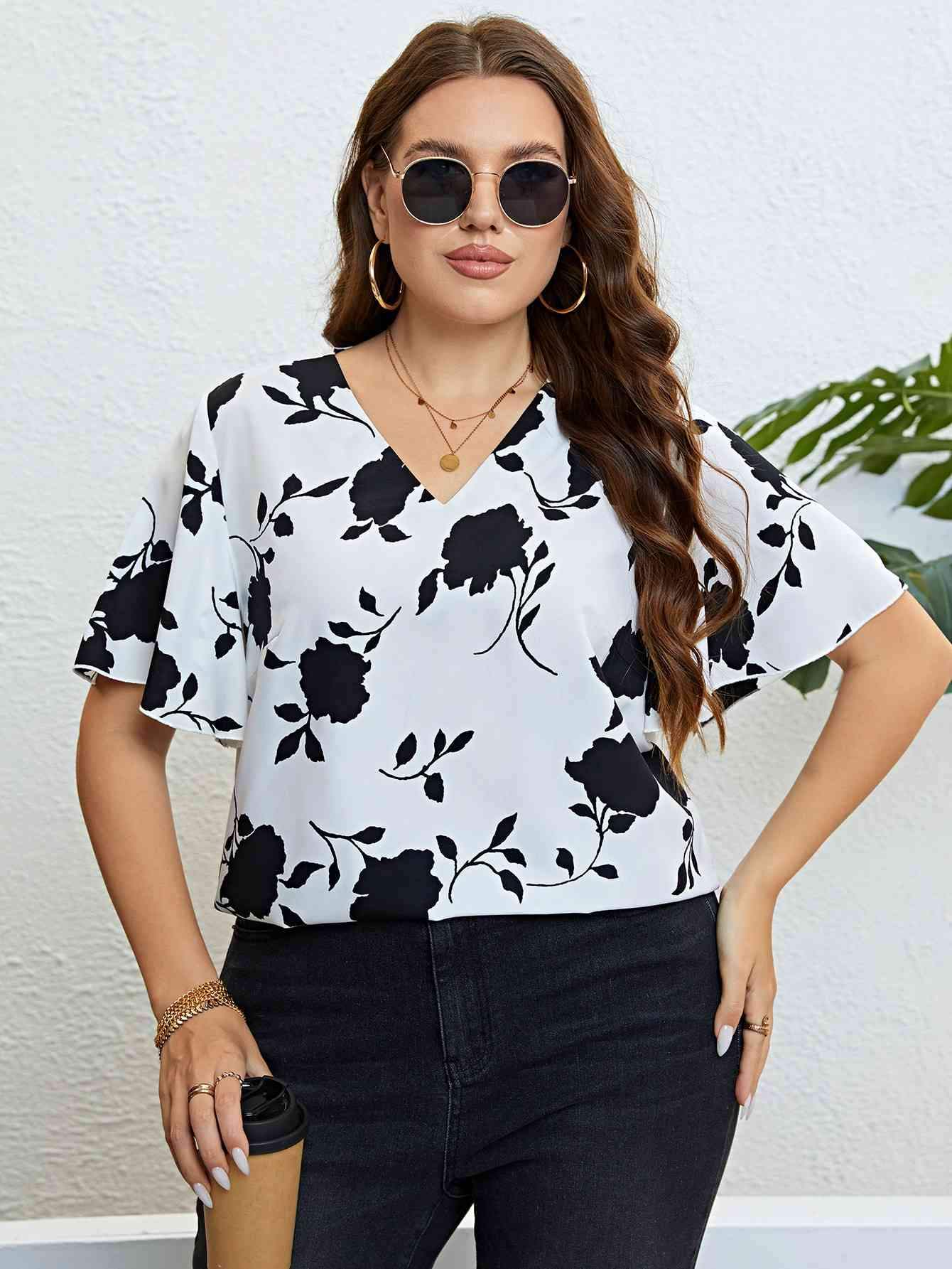 Floral V-Neck Flutter Sleeve Blouse White Black Blouses - Tophatter Daily Deals