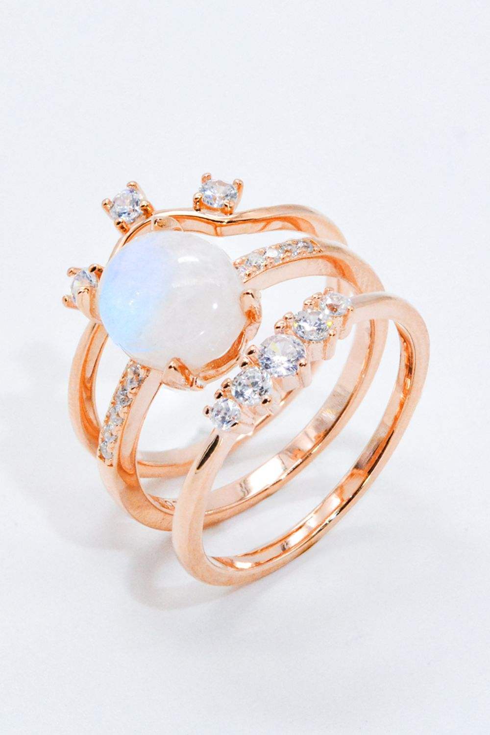 Natural Moonstone and Zircon Three-Piece Ring Set Rose Gold Moonstone - Tophatter Daily Deals