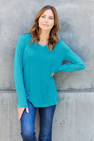 Basic Bae Full Size V-Neck Long Sleeve Top Blouses - Tophatter Daily Deals