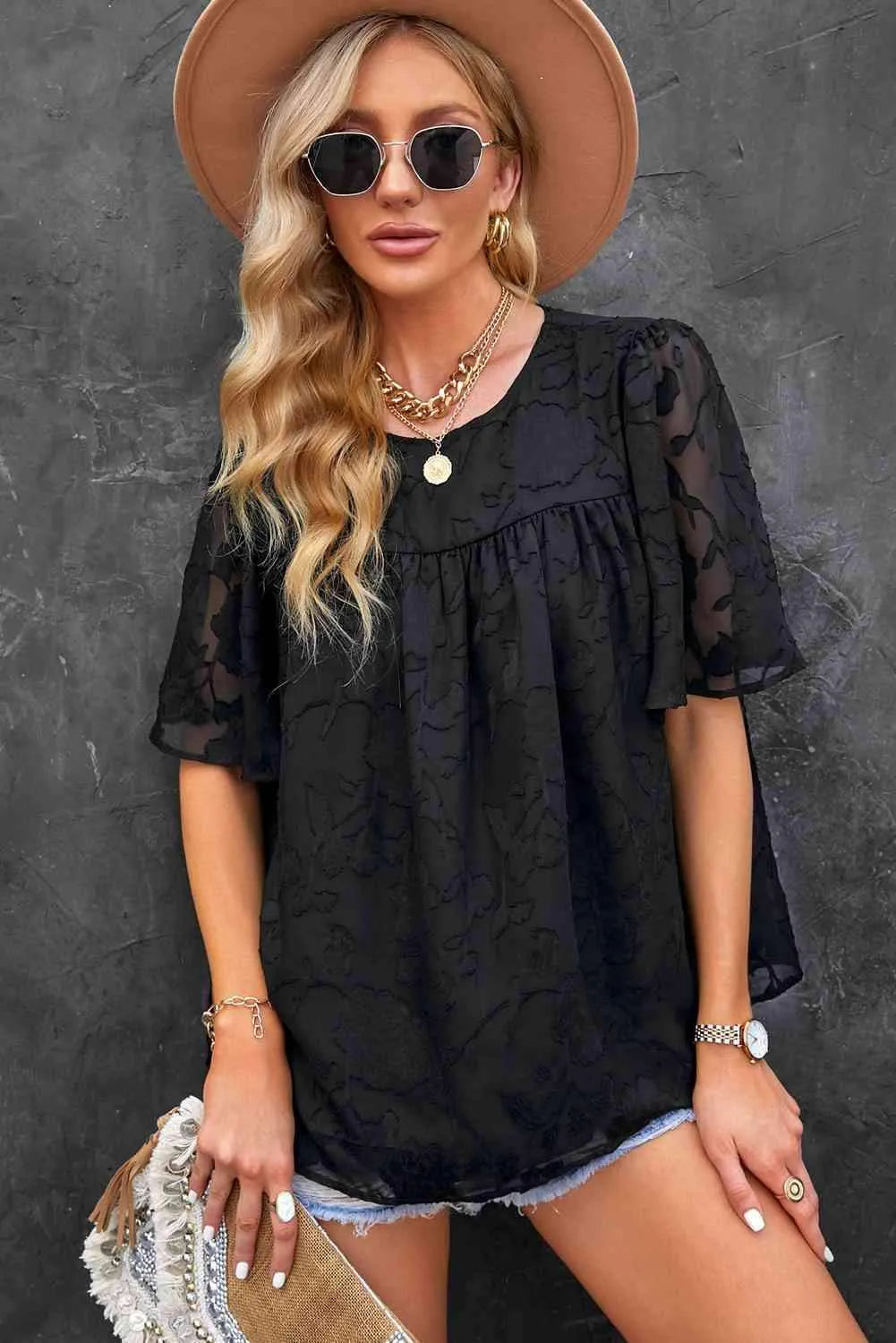 Round Neck Puff Sleeve Blouse Black Blouses - Tophatter Daily Deals
