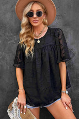 Round Neck Puff Sleeve Blouse Black Blouses - Tophatter Daily Deals