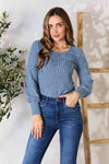 Double Take Ribbed Round Neck Lantern Sleeve Blouse Blouses - Tophatter Daily Deals