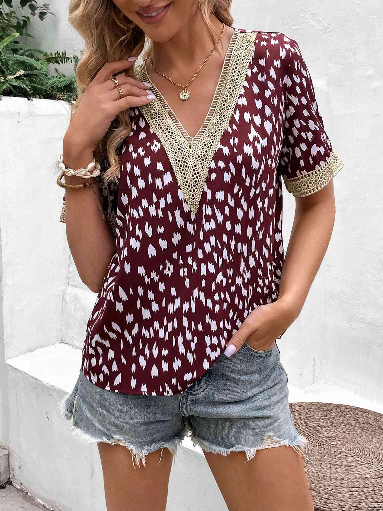 Printed Contrast V-Neck Short Sleeve Blouse Blouses - Tophatter Daily Deals