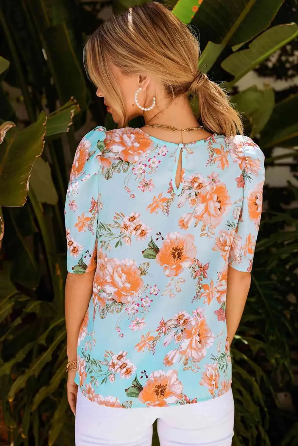 Summer Lover Floral Puff Sleeve Round Neck Blouse Blouses - Tophatter Daily Deals
