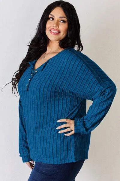 Basic Bae Full Size Ribbed Half Button Long Sleeve T-Shirt Women's T-Shirts - Tophatter Daily Deals