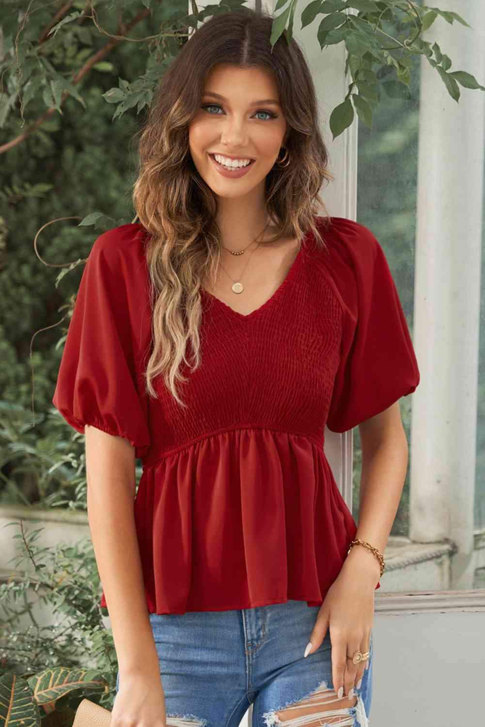 Smocked Balloon Sleeve Peplum Blouse Deep Red Blouses - Tophatter Daily Deals