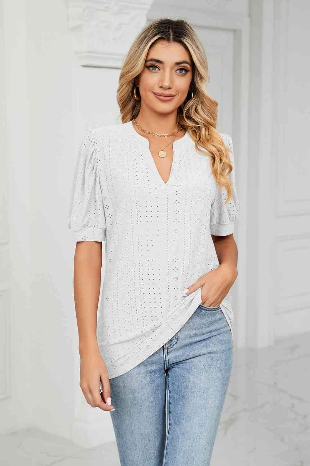 Eyelet Short Puff Sleeve Notched Neck Top White Blouses - Tophatter Daily Deals