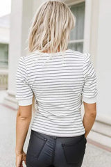 Striped Notched Short Sleeve T-Shirt Women's T-Shirts - Tophatter Daily Deals