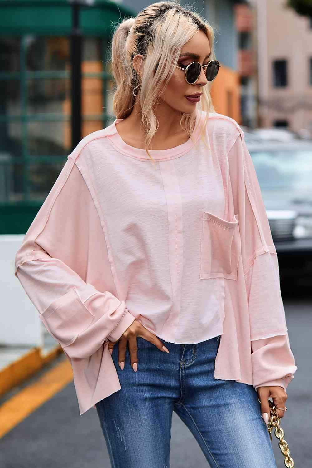 Exposed Seam Round Neck Top with Pocket Blouses - Tophatter Daily Deals