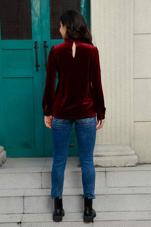 Cutout Puff Sleeve Velvet Blouse Blouses - Tophatter Daily Deals