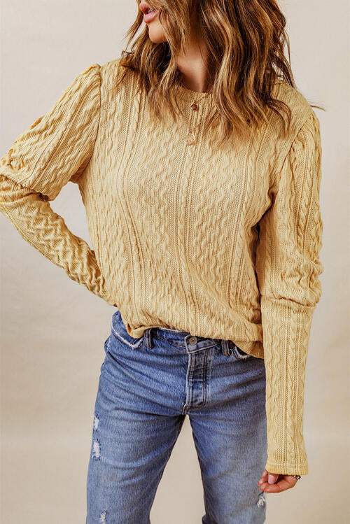 Cable-Knit Round Neck Long Sleeve Blouse Women's T-Shirts - Tophatter Daily Deals