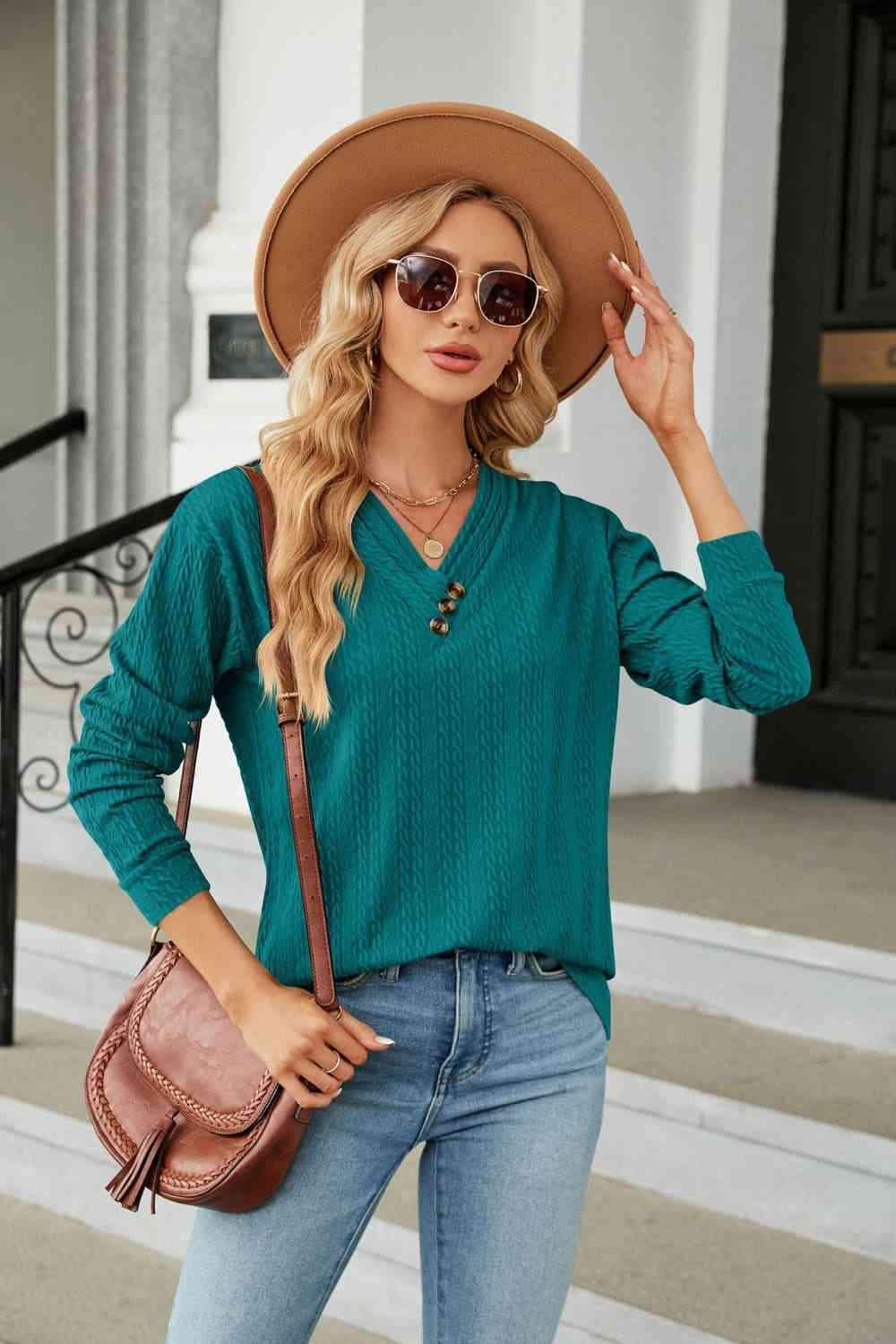 Decorative Button V-Neck Long Sleeve T-Shirt Teal Women's T-Shirts - Tophatter Daily Deals