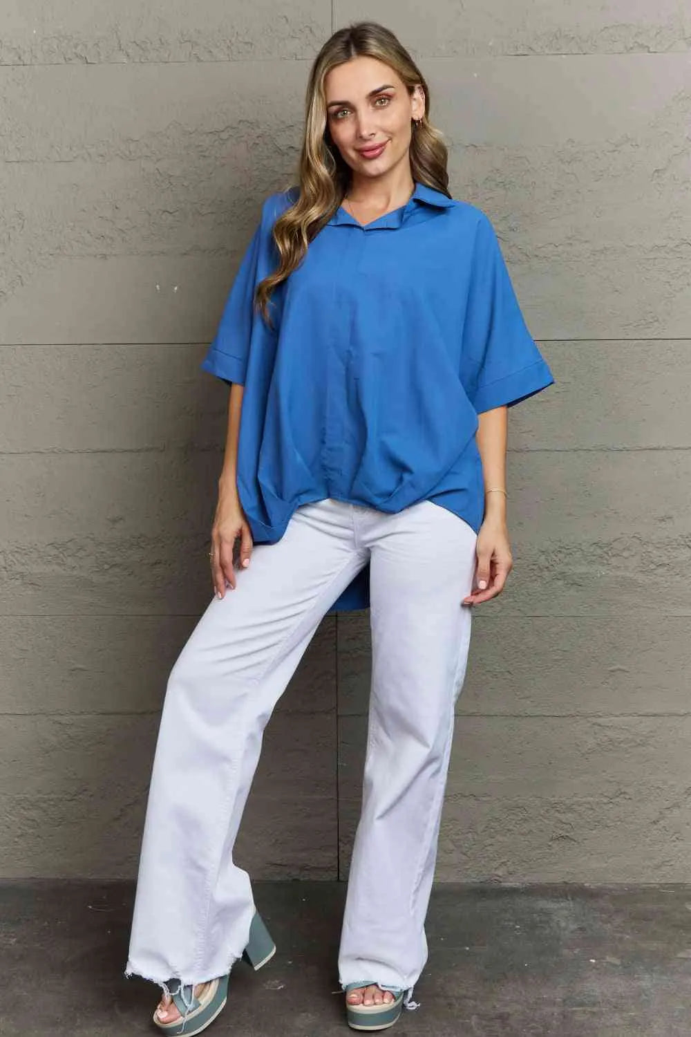 Plus Size Collared Half Sleeve Hem Detail Top Blouses - Tophatter Daily Deals