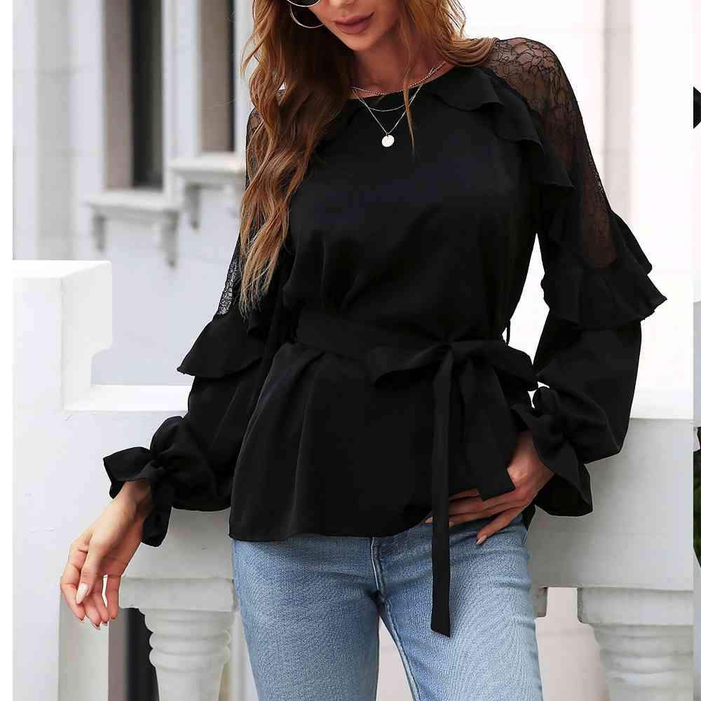 Round Neck Front Tie Flounce Sleeve Lace Cap Blouse Black Blouses - Tophatter Daily Deals