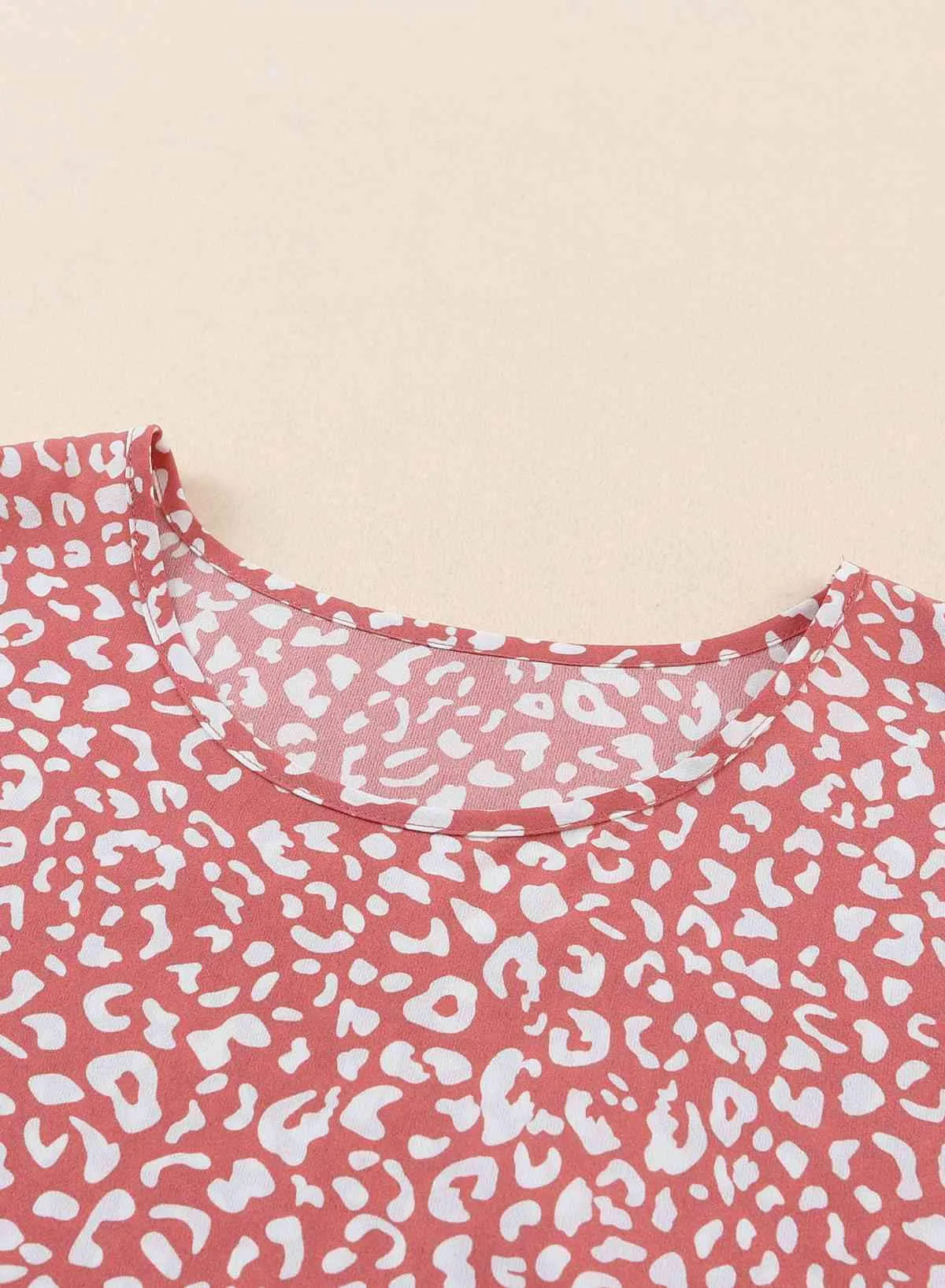 Leopard Round Neck Frill Trim Blouse Blouses - Tophatter Daily Deals