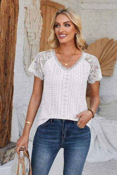 Eyelet V-Neck Lace Short Sleeve T-Shirt Women's T-Shirts - Tophatter Daily Deals