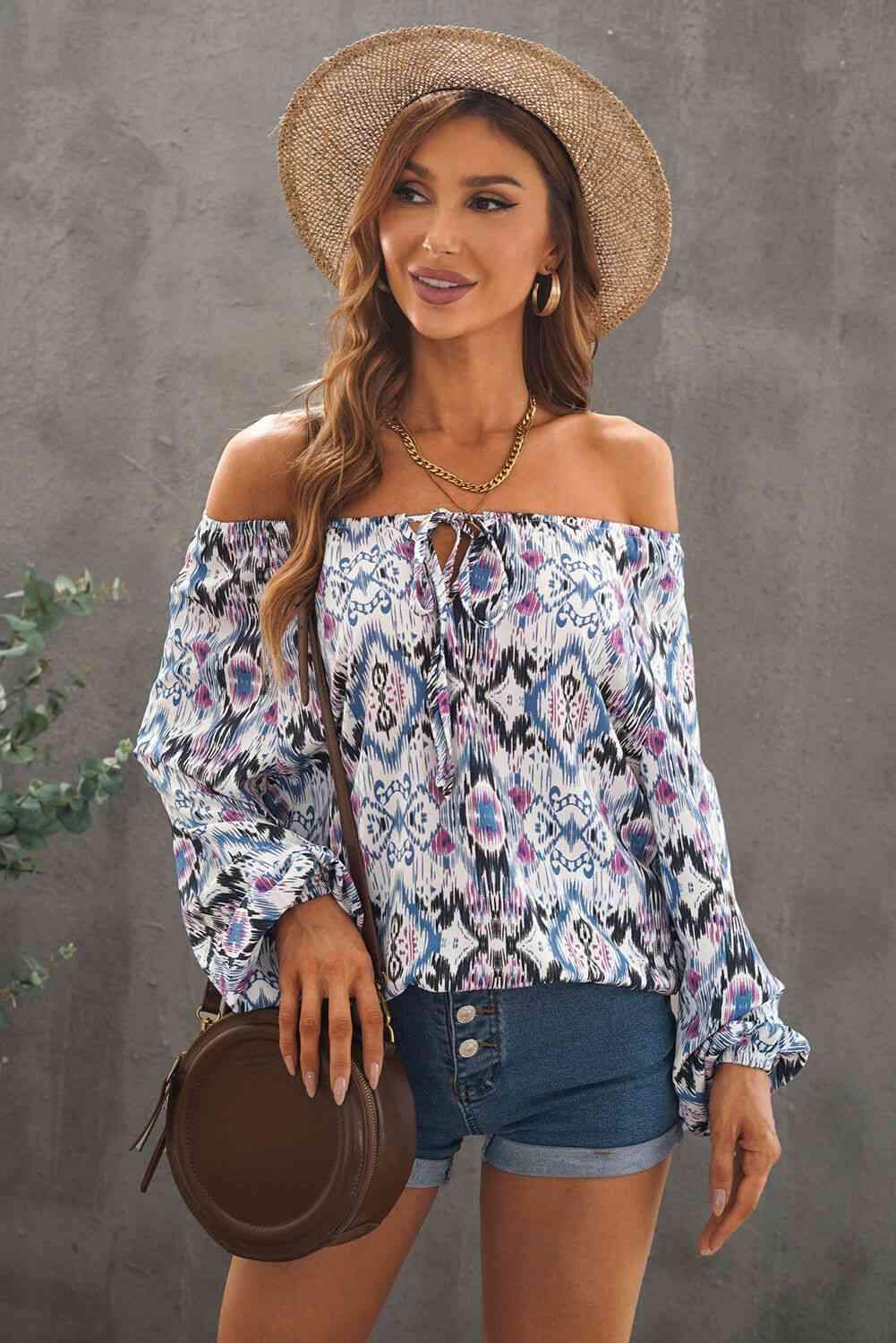 Printed Off-Shoulder Tied Balloon Sleeve Blouse Peacock Blue Blouses - Tophatter Daily Deals