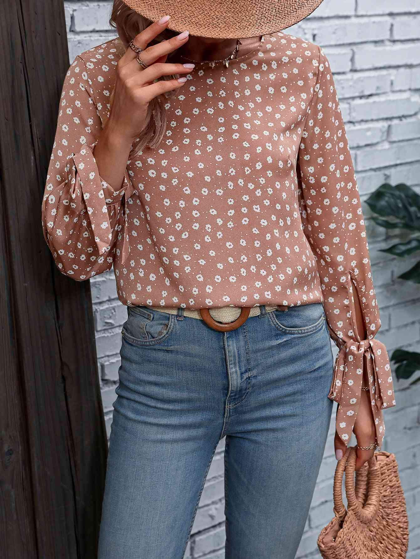 Printed Round Neck Tie Cuff Blouse Blouses - Tophatter Daily Deals