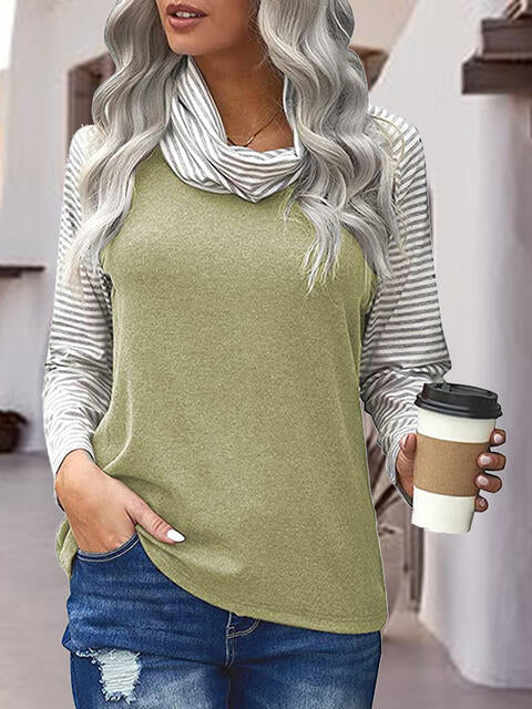 Striped Turtleneck Long Sleeve T-Shirt Light Green Women's T-Shirts - Tophatter Daily Deals