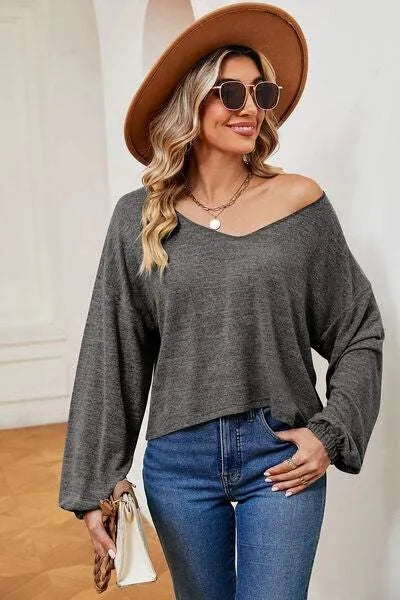 V-Neck Dropped Shoulder T-Shirt Charcoal Women's T-Shirts - Tophatter Daily Deals