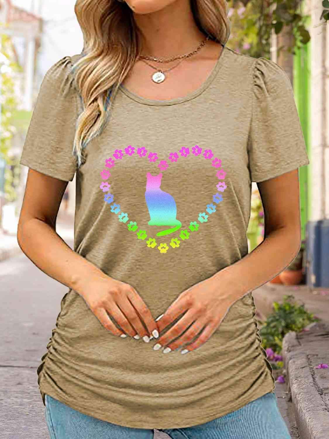 Full Size Cat Heart Graphic Short Sleeve T-Shirt Tan Women's T-Shirts - Tophatter Daily Deals