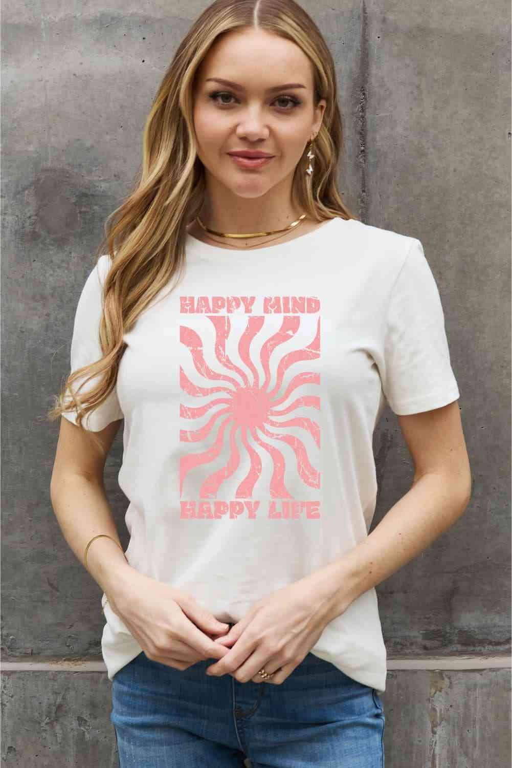 Simply Love Full Size HAPPY MIND HAPPY LIFE Graphic Cotton Tee Women's T-Shirts - Tophatter Daily Deals