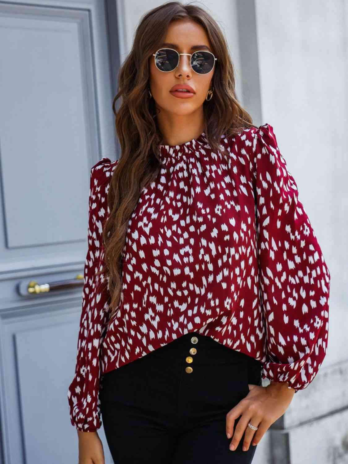 Printed Mock Neck Puff Sleeve Blouse Red Blouses - Tophatter Daily Deals