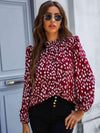 Printed Mock Neck Puff Sleeve Blouse Red Blouses - Tophatter Daily Deals