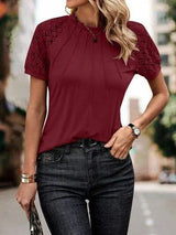 Openwork Lace Detail Short Sleeve T-Shirt Wine Women's T-Shirts - Tophatter Daily Deals