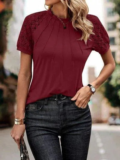 Openwork Lace Detail Short Sleeve T-Shirt Wine Women's T-Shirts - Tophatter Daily Deals