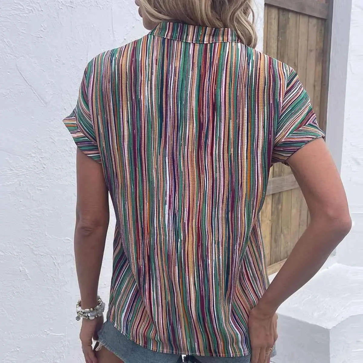 Multicolored Stripe Notched Neck Top Blouses - Tophatter Daily Deals
