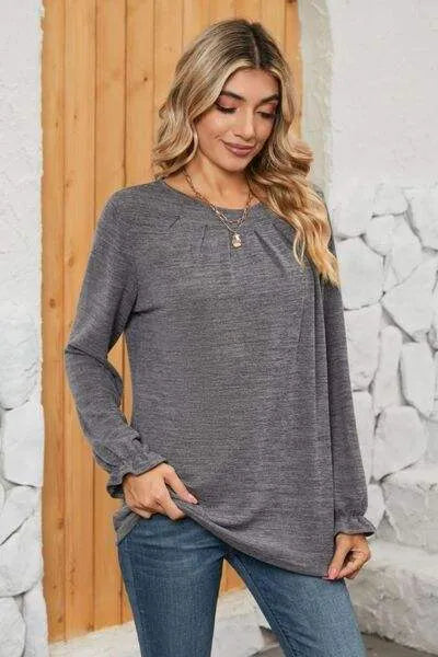 Ruched Round Neck Flounce Sleeve T-Shirt Women's T-Shirts - Tophatter Daily Deals