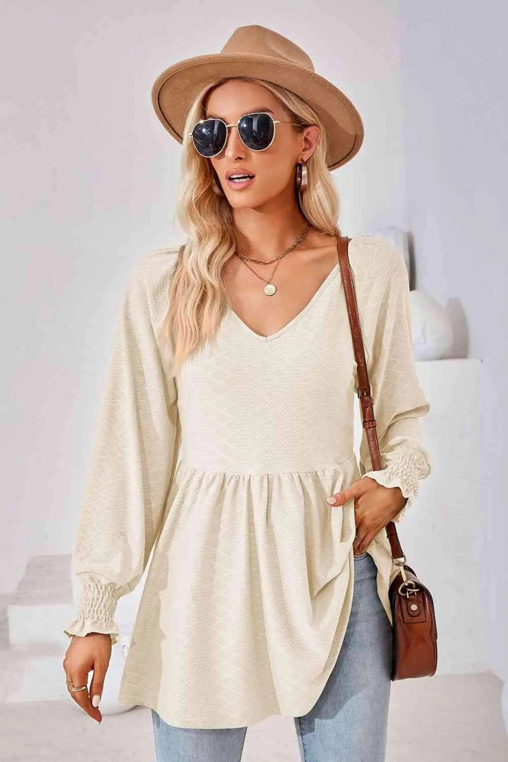 V-Neck Lantern Sleeve Blouse Cream Blouses - Tophatter Daily Deals