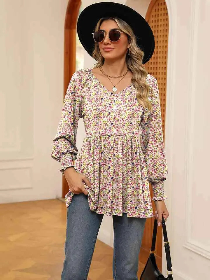 Printed V-Neck Lantern Sleeve Blouse Blouses - Tophatter Daily Deals