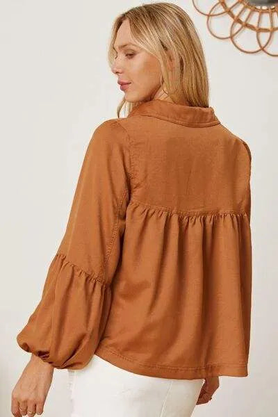 Balloon Sleeve Collared Neck Blouse Blouses - Tophatter Daily Deals