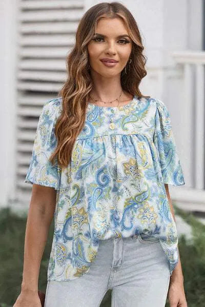 Printed Round Neck Short Sleeve Blouse Pastel Blue Blouses - Tophatter Daily Deals