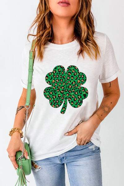 Lucky Clover Round Neck Short Sleeve T-Shirt White Women's T-Shirts - Tophatter Daily Deals